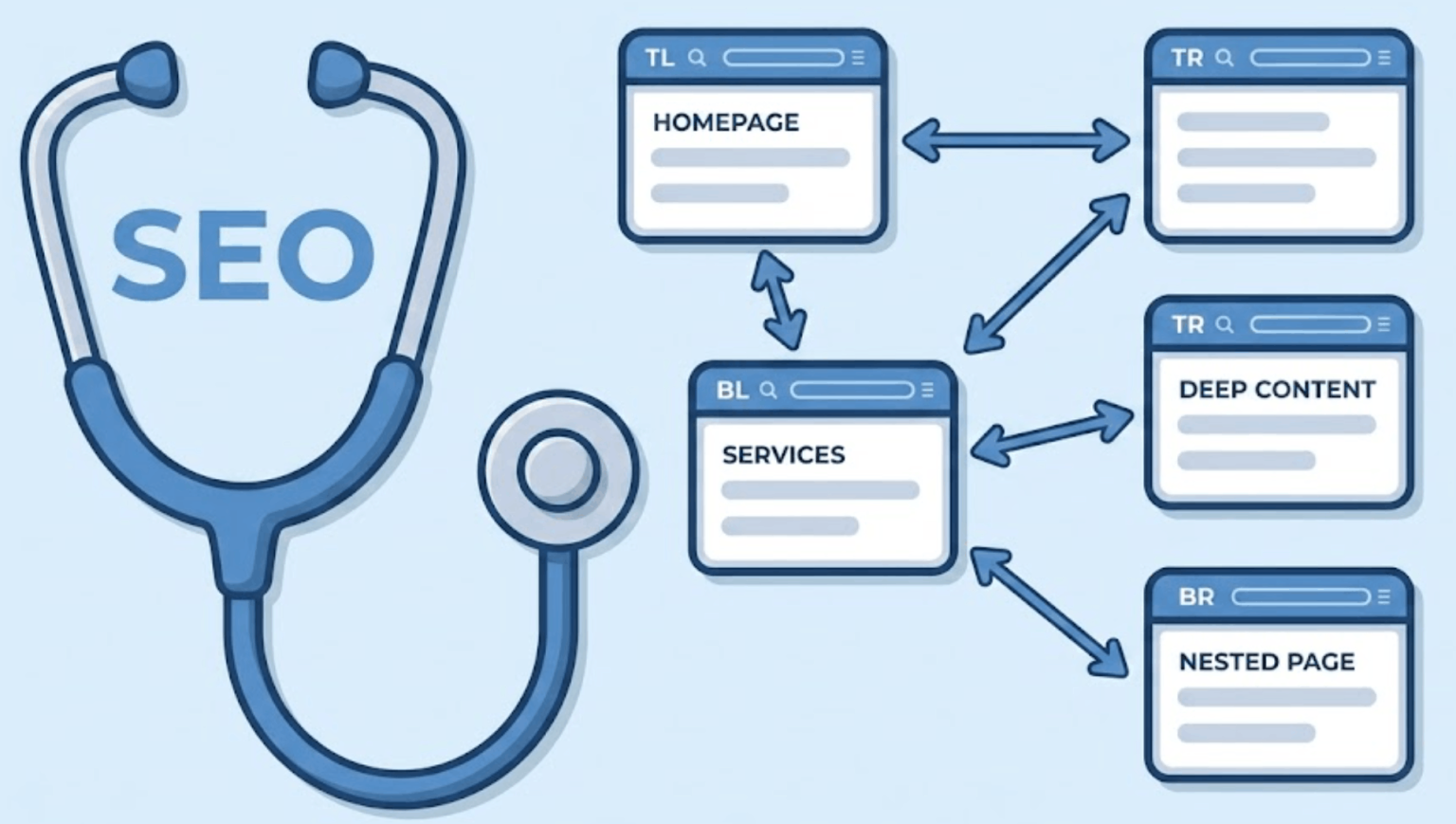Stéthoscope bleu entourant le mot SEO à côté d'un diagramme web.