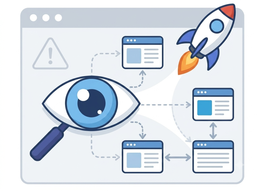 Illustration d'un audit de site web avec fusée et loupe.
