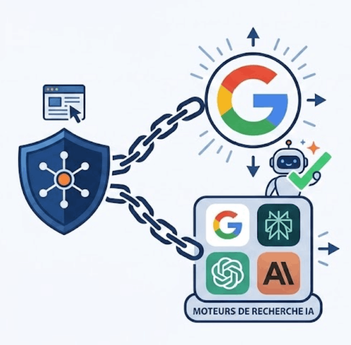 Graphique montrant la connexion entre backlinks et moteurs de recherche Google et LLM.