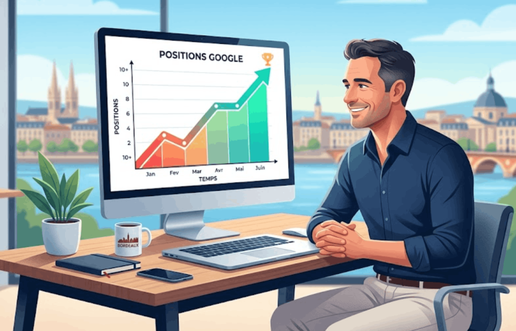 Graphique de positions Google en hausse devant un homme souriant.